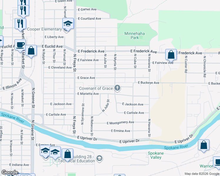 map of restaurants, bars, coffee shops, grocery stores, and more near 3916 East Buckeye Avenue in Spokane