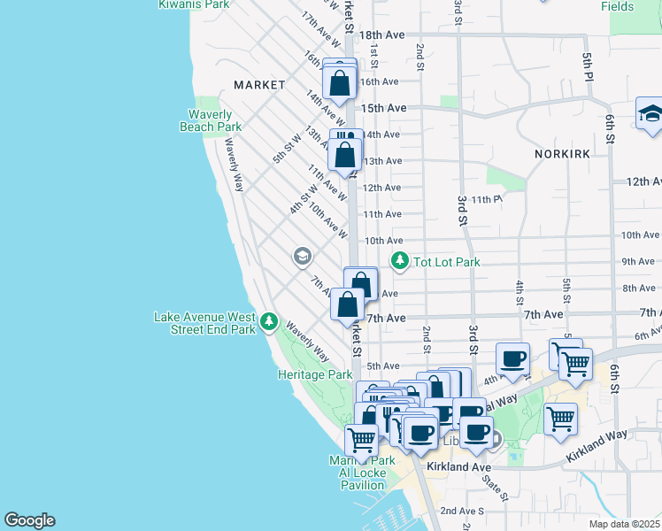 map of restaurants, bars, coffee shops, grocery stores, and more near 229 8th Avenue West in Kirkland