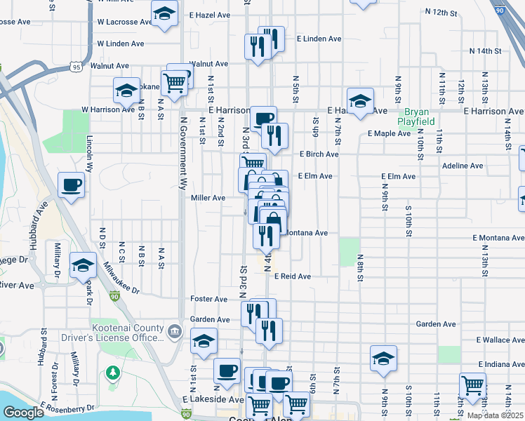 map of restaurants, bars, coffee shops, grocery stores, and more near 901 North 4th Street in Coeur d'Alene