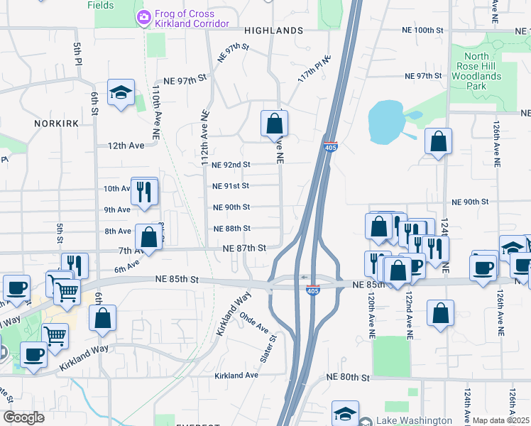 map of restaurants, bars, coffee shops, grocery stores, and more near 11433 Northeast 90th Street in Kirkland