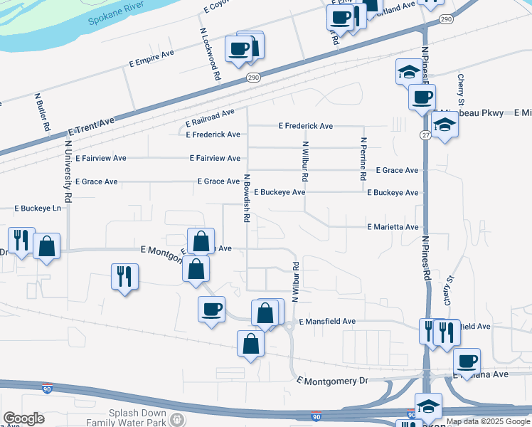 map of restaurants, bars, coffee shops, grocery stores, and more near 2718 North Bowdish Road in Spokane Valley