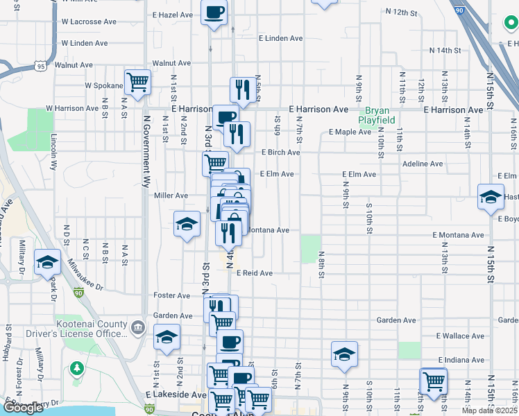 map of restaurants, bars, coffee shops, grocery stores, and more near 924 North 5th Street in Coeur d'Alene