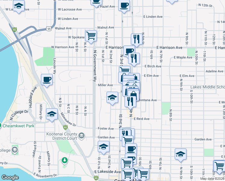 map of restaurants, bars, coffee shops, grocery stores, and more near 901 North 2nd Street in Coeur d'Alene