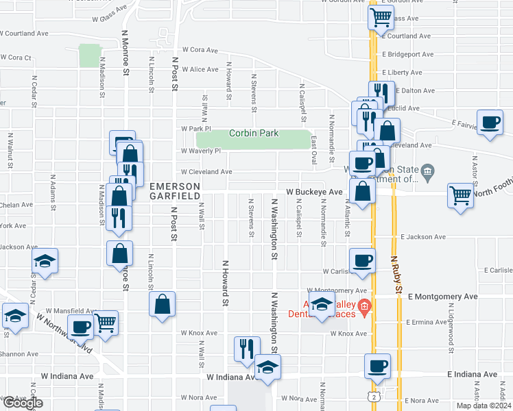 map of restaurants, bars, coffee shops, grocery stores, and more near 2618 North Stevens Street in Spokane