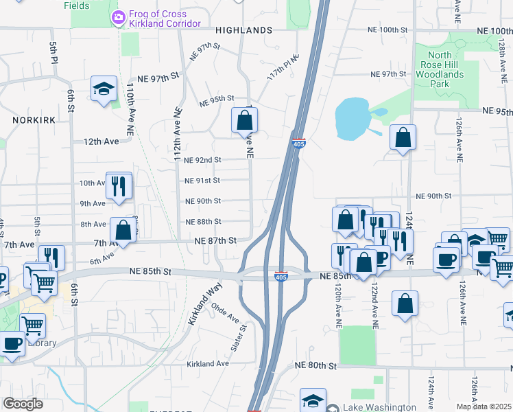 map of restaurants, bars, coffee shops, grocery stores, and more near 8820 116th Avenue Northeast in Kirkland