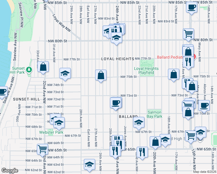 map of restaurants, bars, coffee shops, grocery stores, and more near 7327 25th Avenue Northwest in Seattle