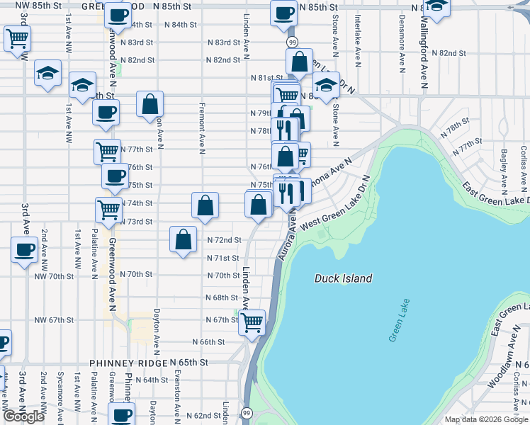 map of restaurants, bars, coffee shops, grocery stores, and more near 7305 Winona Avenue North in Seattle