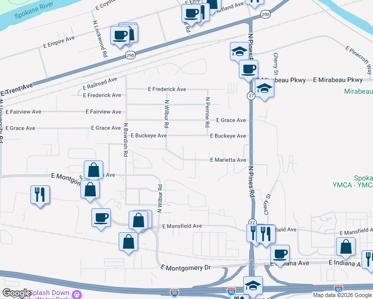map of restaurants, bars, coffee shops, grocery stores, and more near 2714 North Fox Road in Spokane Valley