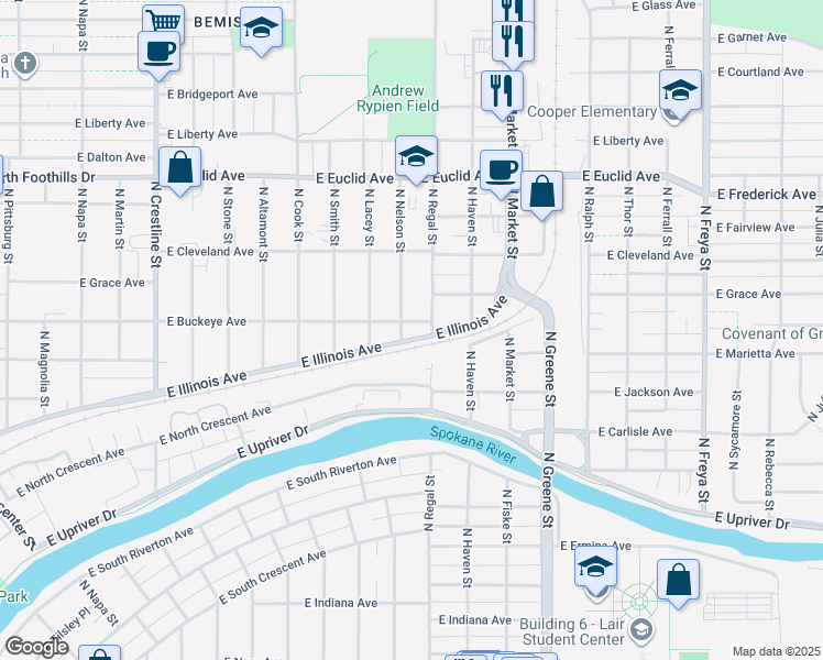 map of restaurants, bars, coffee shops, grocery stores, and more near 2809 East Illinois Avenue in Spokane