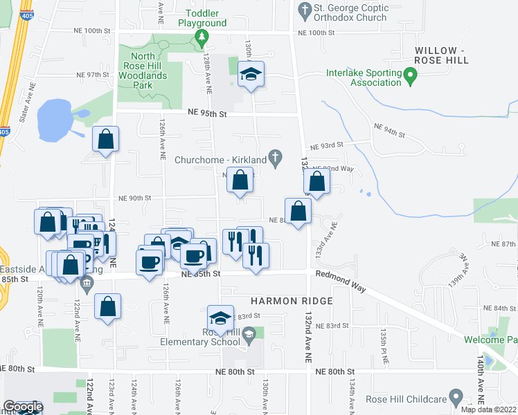 map of restaurants, bars, coffee shops, grocery stores, and more near 8817 130th Avenue Northeast in Kirkland