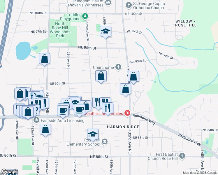 map of restaurants, bars, coffee shops, grocery stores, and more near 8817 130th Avenue Northeast in Kirkland