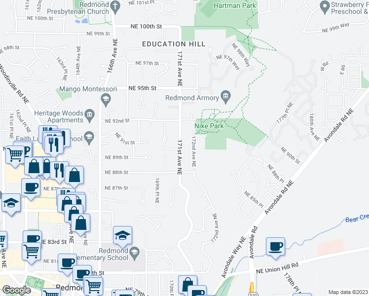 map of restaurants, bars, coffee shops, grocery stores, and more near 8920 171st Avenue Northeast in Redmond