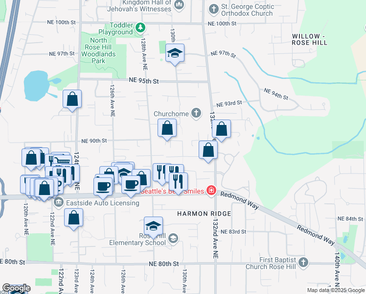 map of restaurants, bars, coffee shops, grocery stores, and more near 8903 130th Avenue Northeast in Kirkland