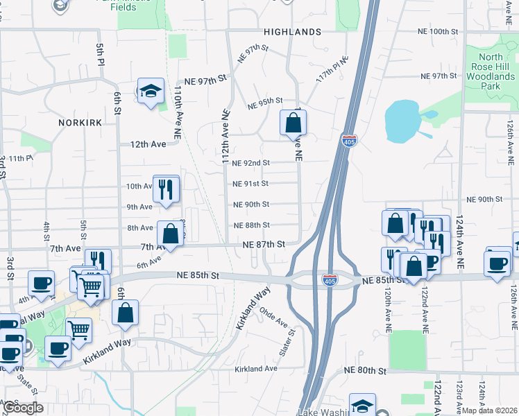 map of restaurants, bars, coffee shops, grocery stores, and more near 11345 Northeast 90th Street in Kirkland