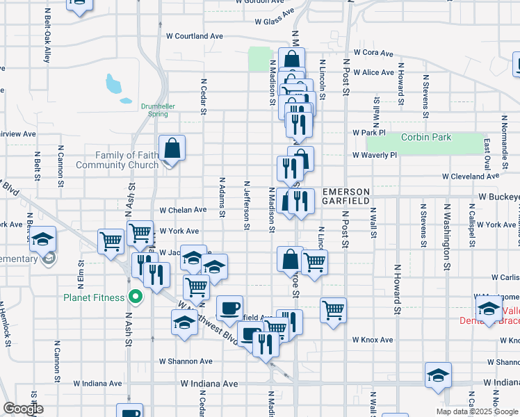 map of restaurants, bars, coffee shops, grocery stores, and more near 1117 West Chelan Avenue in Spokane