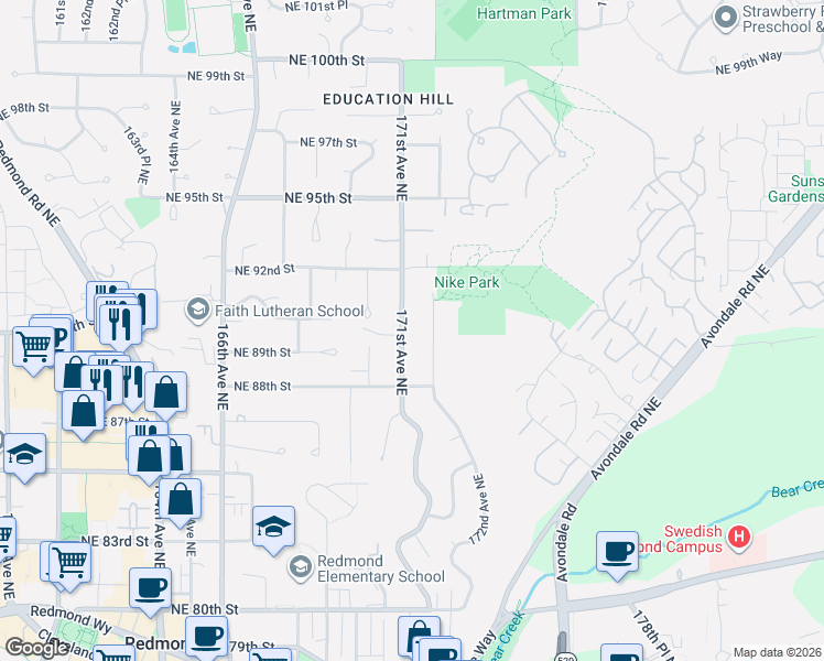 map of restaurants, bars, coffee shops, grocery stores, and more near 8920 171st Avenue Northeast in Redmond