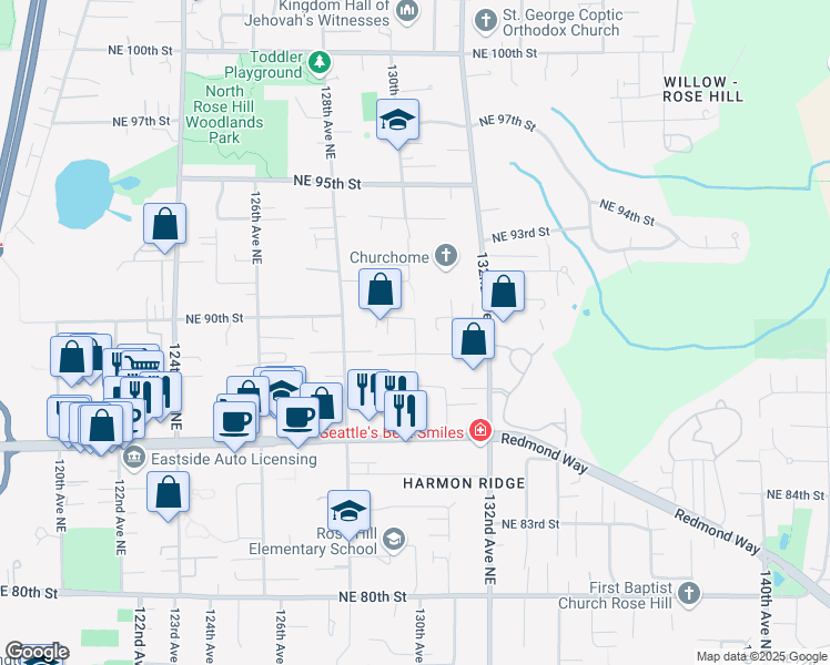 map of restaurants, bars, coffee shops, grocery stores, and more near 12930 Northeast 88th Street in Kirkland