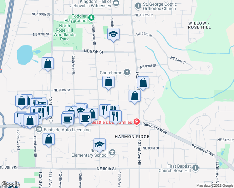 map of restaurants, bars, coffee shops, grocery stores, and more near 12930 Northeast 88th Street in Kirkland
