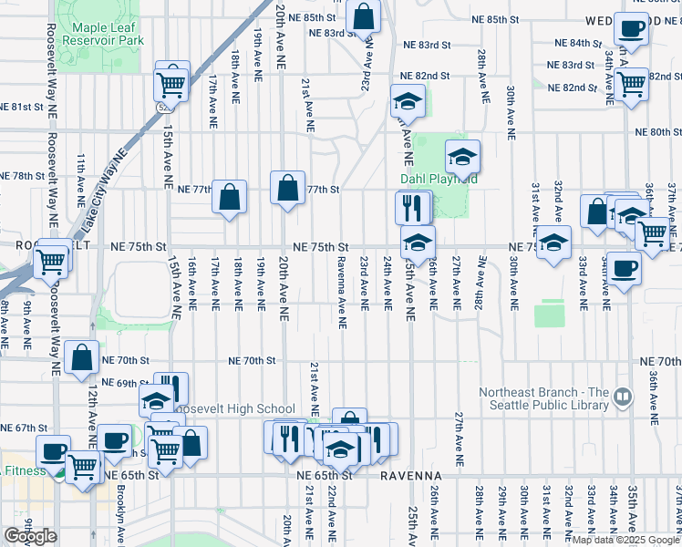 map of restaurants, bars, coffee shops, grocery stores, and more near 7325 Ravenna Avenue Northeast in Seattle