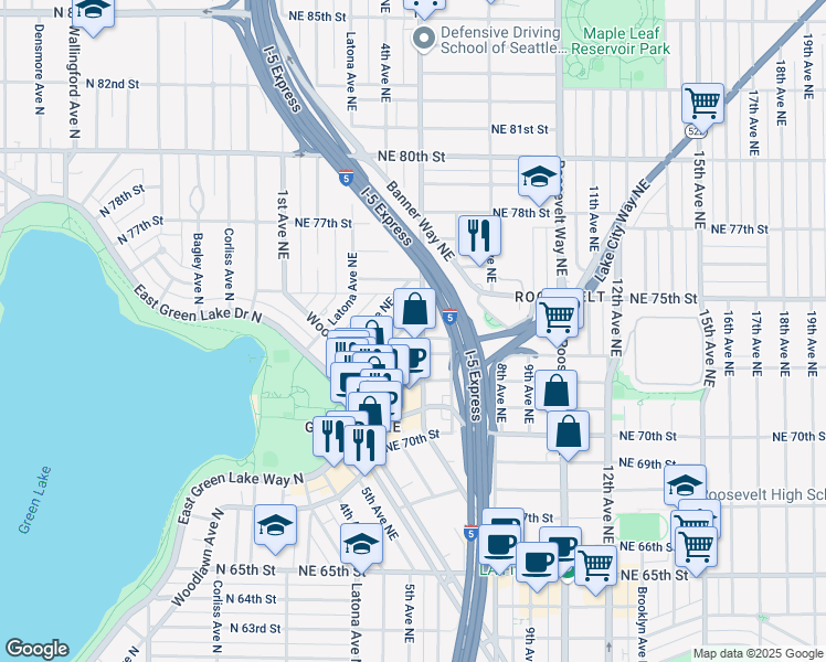 map of restaurants, bars, coffee shops, grocery stores, and more near 445 Northeast Maple Leaf Place in Seattle