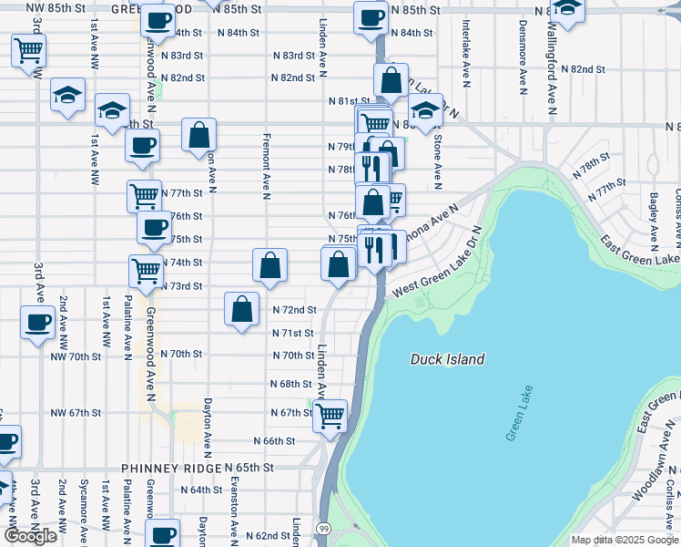 map of restaurants, bars, coffee shops, grocery stores, and more near in Seattle