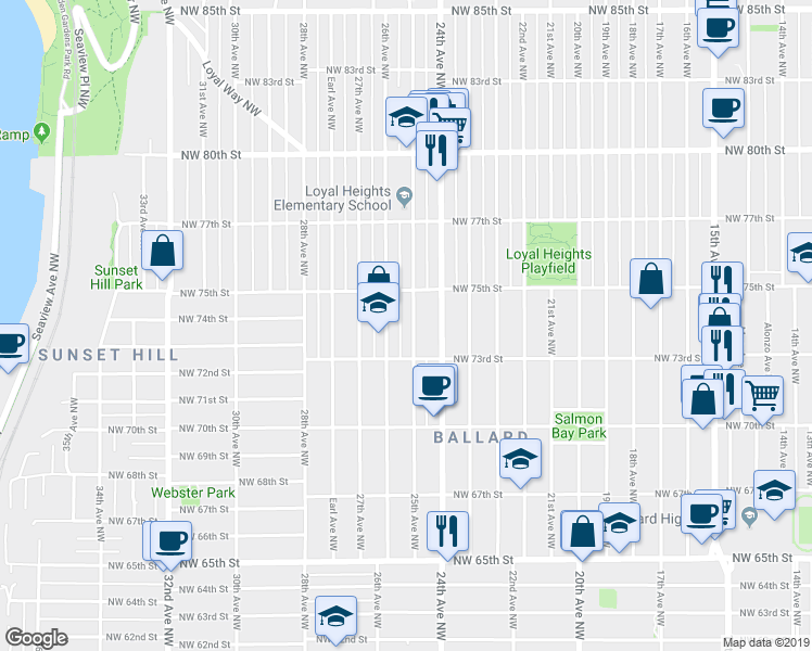 map of restaurants, bars, coffee shops, grocery stores, and more near 7320 26th Avenue Northwest in Seattle