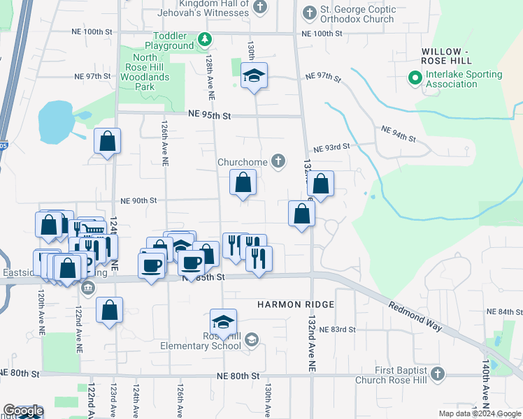 map of restaurants, bars, coffee shops, grocery stores, and more near 8903 130th Avenue Northeast in Kirkland