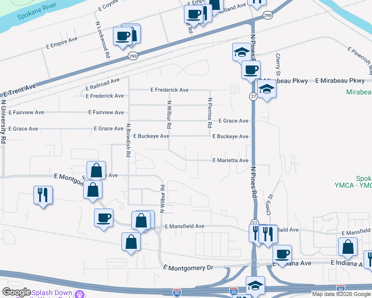 map of restaurants, bars, coffee shops, grocery stores, and more near 2716 North Fox Road in Spokane