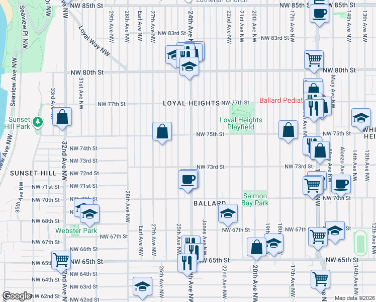 map of restaurants, bars, coffee shops, grocery stores, and more near 7327 24th Avenue Northwest in Seattle