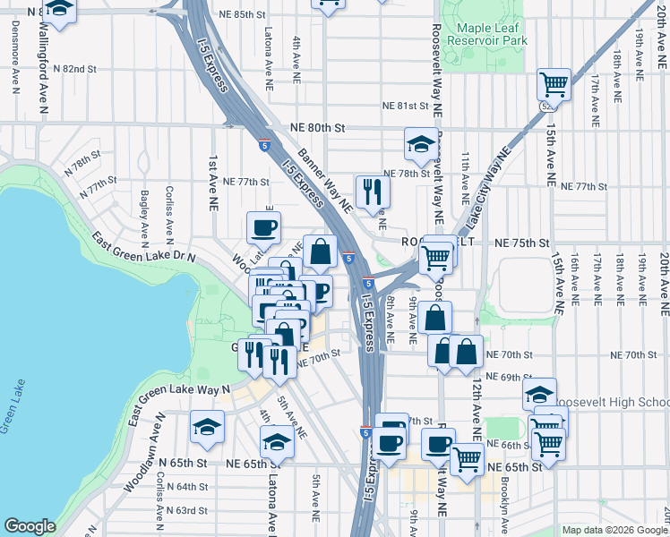 map of restaurants, bars, coffee shops, grocery stores, and more near 513 Northeast 74th Street in Seattle