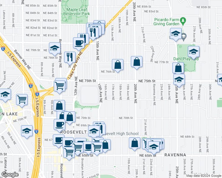 map of restaurants, bars, coffee shops, grocery stores, and more near 7335 17th Avenue Northeast in Seattle