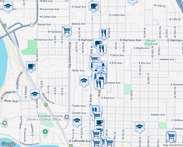 map of restaurants, bars, coffee shops, grocery stores, and more near 901 North 3rd Street in Coeur d'Alene