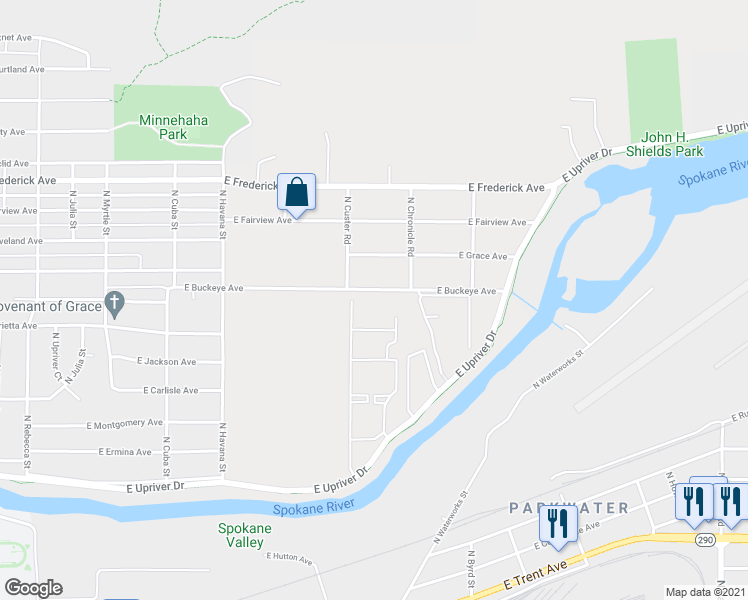 map of restaurants, bars, coffee shops, grocery stores, and more near 4712 East Buckeye Avenue in Spokane