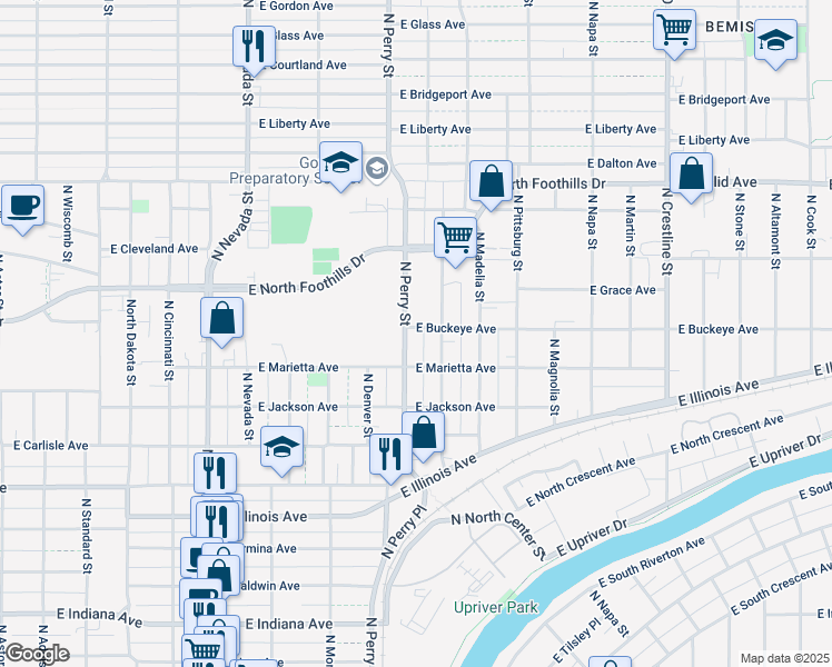 map of restaurants, bars, coffee shops, grocery stores, and more near 2618 North Perry Street in Spokane