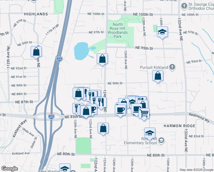 map of restaurants, bars, coffee shops, grocery stores, and more near 8801 123rd Lane Northeast in Kirkland