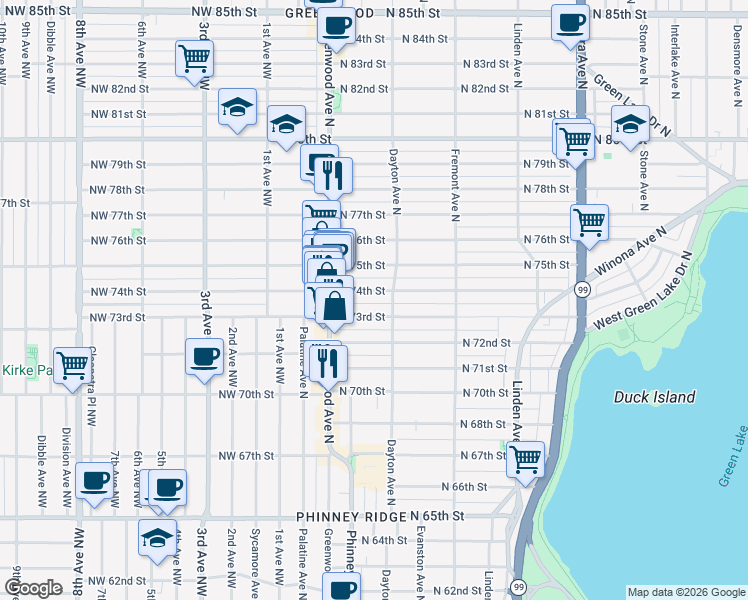 map of restaurants, bars, coffee shops, grocery stores, and more near 340 North 73rd Street in Seattle