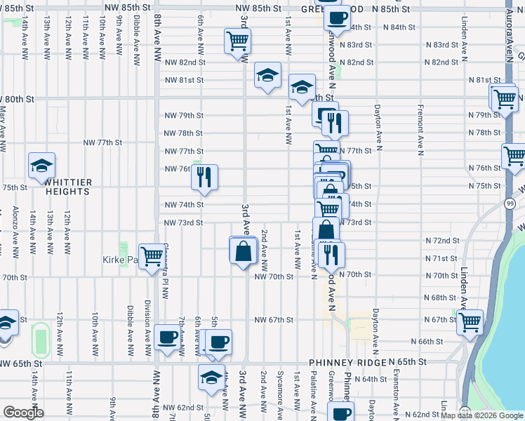 map of restaurants, bars, coffee shops, grocery stores, and more near 172 Northwest 73rd Street in Seattle