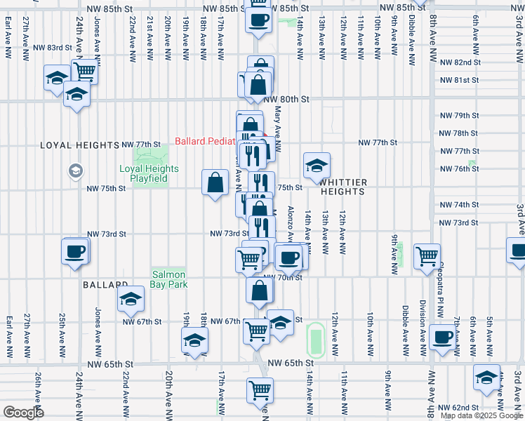 map of restaurants, bars, coffee shops, grocery stores, and more near 7319 Mary Avenue Northwest in Seattle
