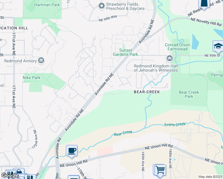 map of restaurants, bars, coffee shops, grocery stores, and more near 9032 Avondale Road Northeast in Redmond