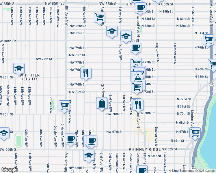 map of restaurants, bars, coffee shops, grocery stores, and more near 141 Northwest 74th Street in Seattle
