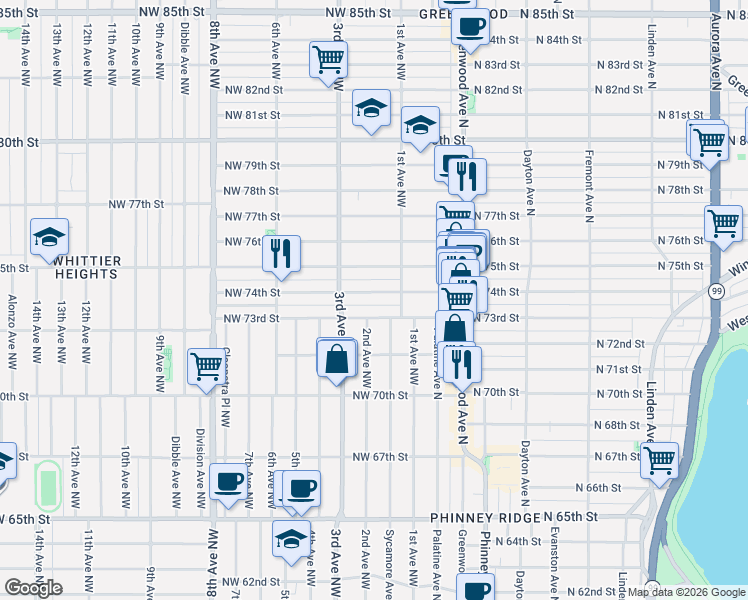 map of restaurants, bars, coffee shops, grocery stores, and more near 172 Northwest 73rd Street in Seattle