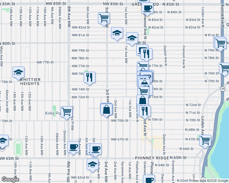 map of restaurants, bars, coffee shops, grocery stores, and more near 172 Northwest 73rd Street in Seattle