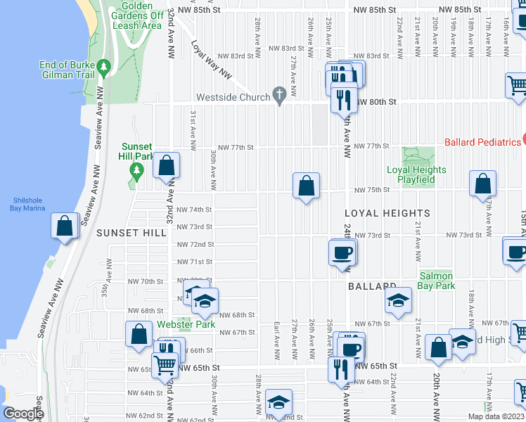 map of restaurants, bars, coffee shops, grocery stores, and more near 7332 28th Avenue Northwest in Seattle