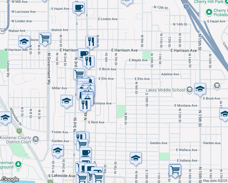 map of restaurants, bars, coffee shops, grocery stores, and more near 929 North 7th Street in Coeur d'Alene