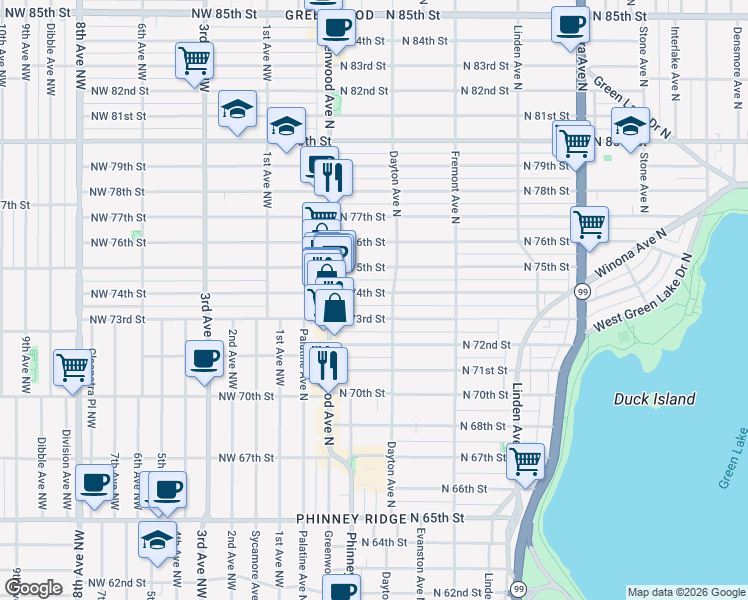 map of restaurants, bars, coffee shops, grocery stores, and more near 340 North 73rd Street in Seattle