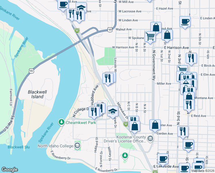 map of restaurants, bars, coffee shops, grocery stores, and more near 969 Northwest Boulevard in Coeur d'Alene