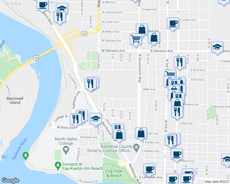 map of restaurants, bars, coffee shops, grocery stores, and more near 1008 C Street in Coeur d'Alene