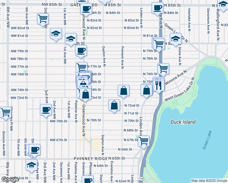 map of restaurants, bars, coffee shops, grocery stores, and more near 535 North 74th Street in Seattle