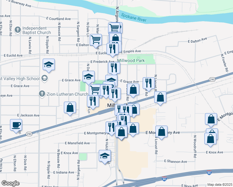 map of restaurants, bars, coffee shops, grocery stores, and more near 2805 North Argonne Road in Spokane