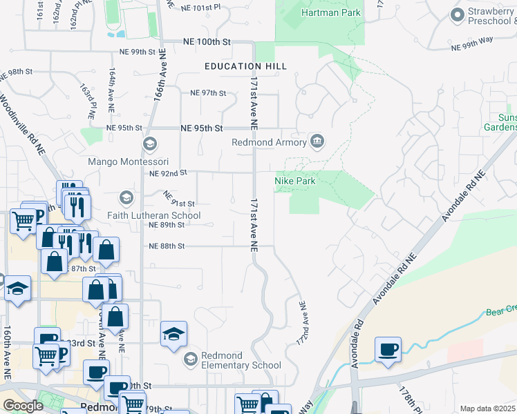 map of restaurants, bars, coffee shops, grocery stores, and more near 9014 171st Avenue Northeast in Redmond